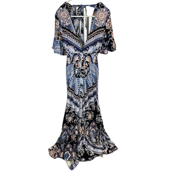 Free People Coco Printed Maxi Dress Blue Black Open Back Small - Picture 6 of 15